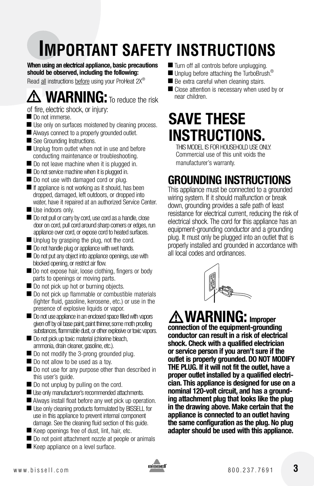 Bissell 8930, 8960 warranty Save These Instructions 