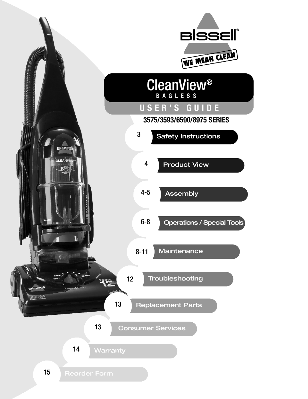 Bissell 3593, 6590 warranty CleanView, 3575/3593/6590/8975 Series 