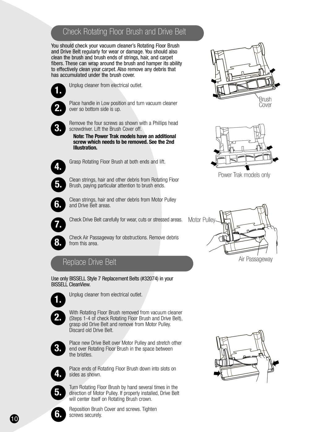 Bissell 3593, 6590 Check Rotating Floor Brush and Drive Belt, Replace Drive Belt, Power Trak models only, Air Passageway 