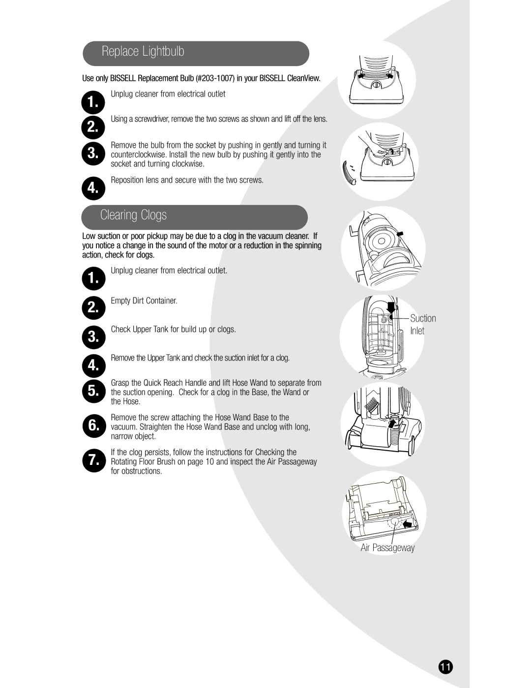 Bissell 3575, 8975, 3593, 6590 warranty Replace Lightbulb, Clearing Clogs 