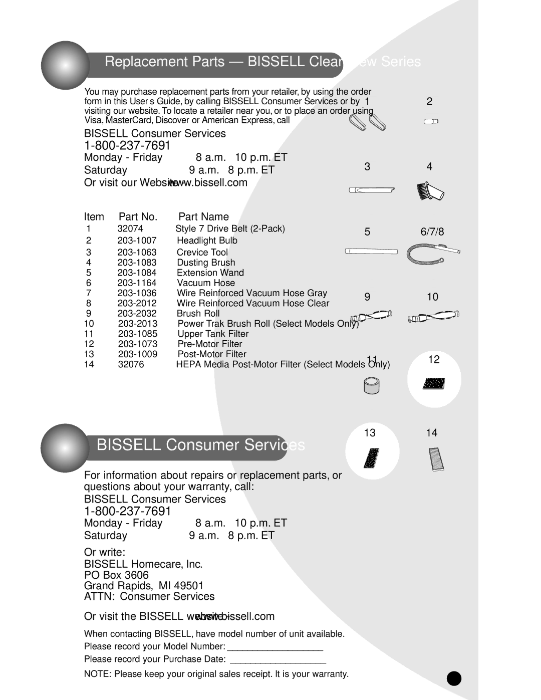 Bissell 3593, 6590, 8975, 3575 warranty Bissell Consumer Services, Monday Friday, Saturday, Part Name, 56/7/8 910 1112 1314 