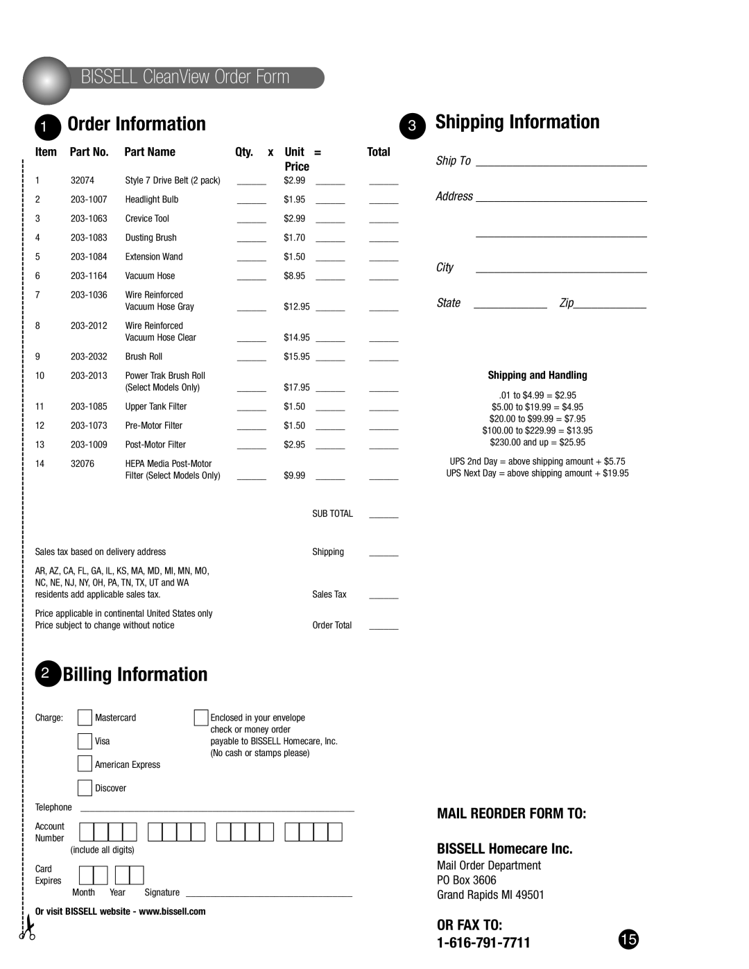 Bissell 8975, 3593, 6590, 3575 warranty Bissell CleanView Order Form, Bissell Homecare Inc 