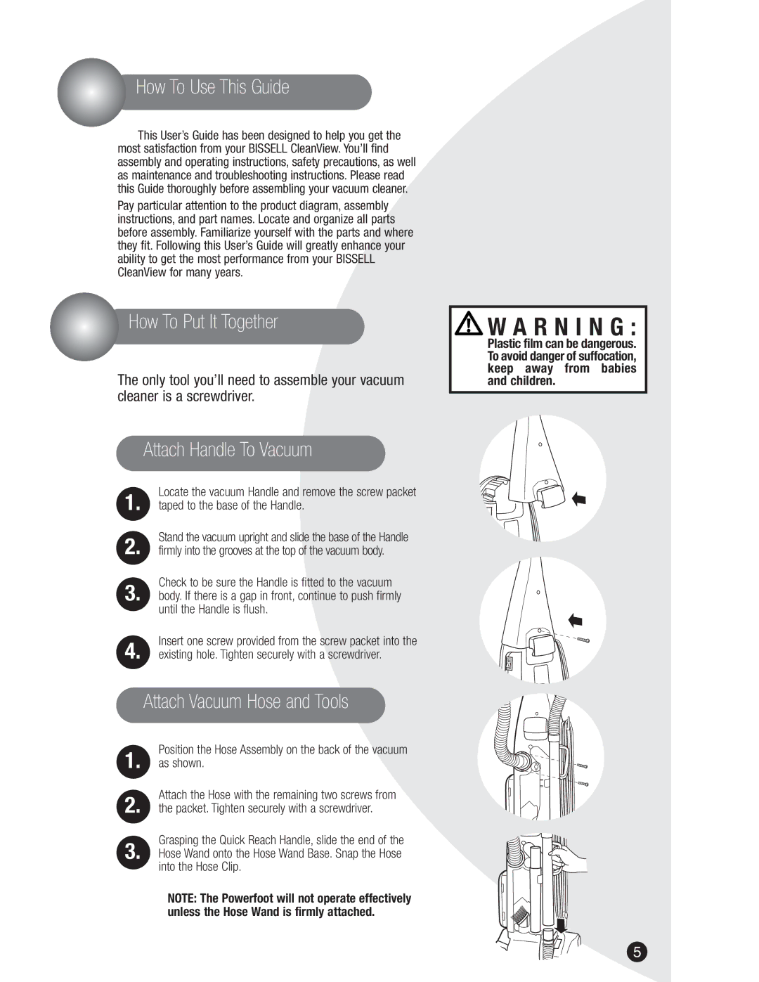 Bissell 3575, 8975 How To Use This Guide, How To Put It Together, Attach Handle To Vacuum, Attach Vacuum Hose and Tools 