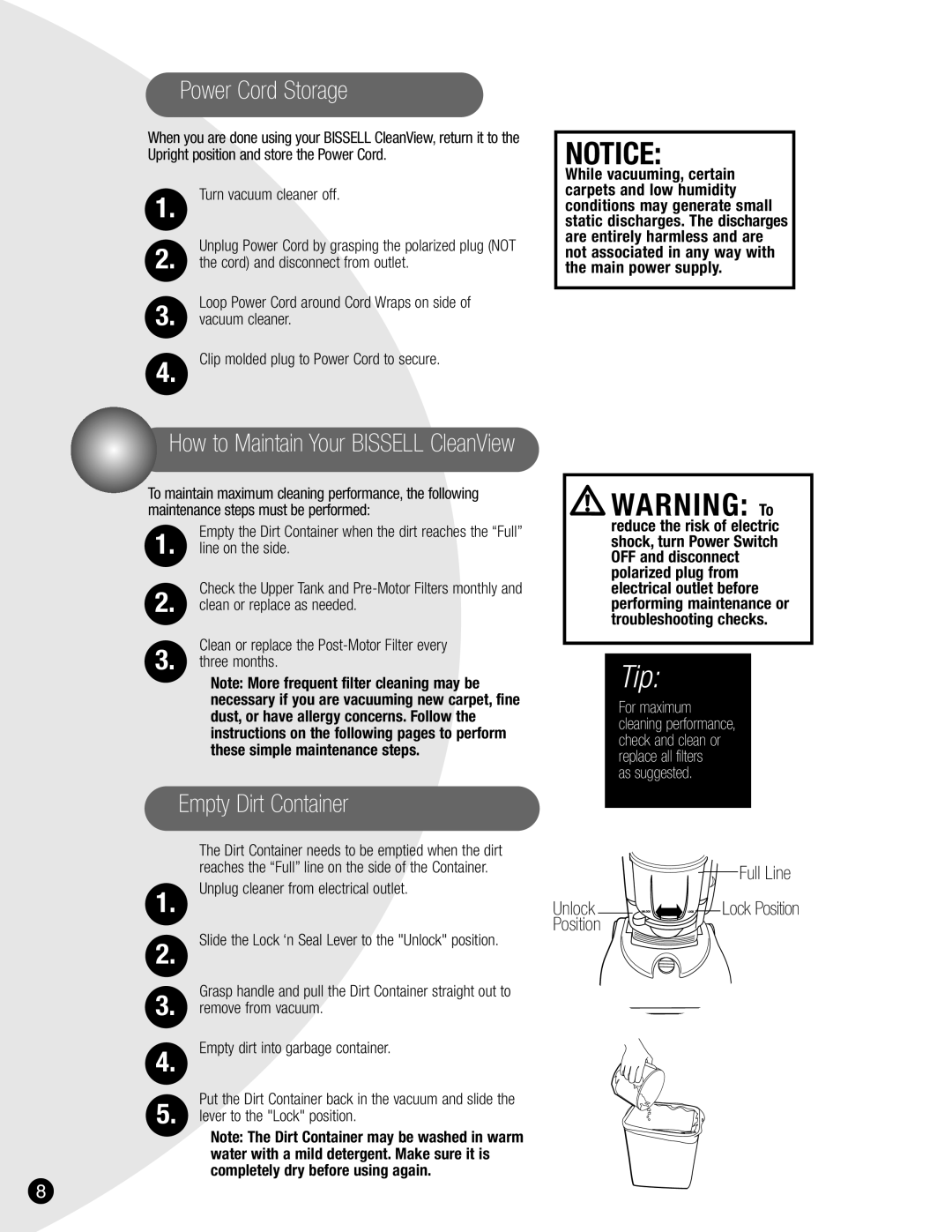 Bissell 3575, 8975, 3593, 6590 warranty Power Cord Storage, Empty Dirt Container, Unlock, Position 