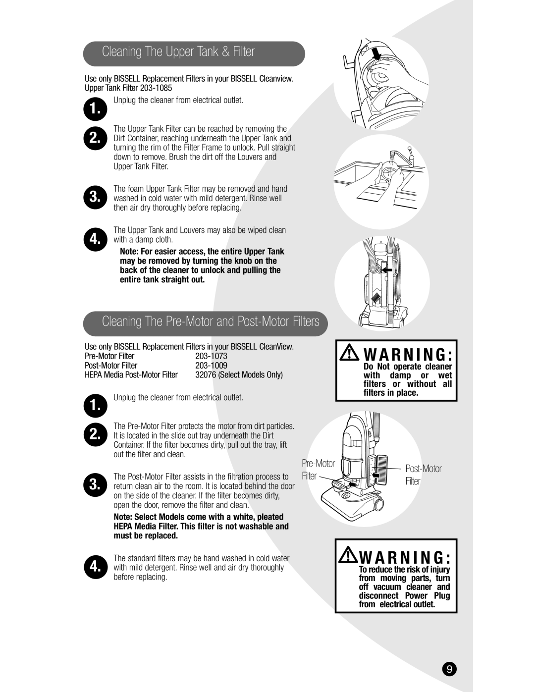 Bissell 8975, 3593, 6590, 3575 Cleaning The Upper Tank & Filter, Cleaning The Pre-Motor and Post-Motor Filters, R N I N G 