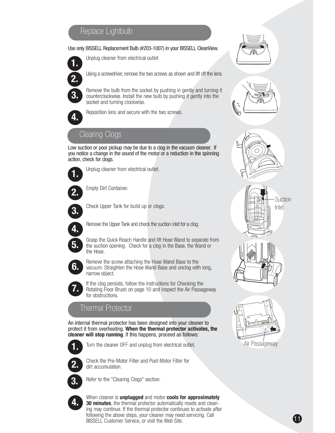 Bissell 3591, 8990 warranty Replace Lightbulb, Clearing Clogs, Thermal Protector, Suction Inlet Air Passageway 