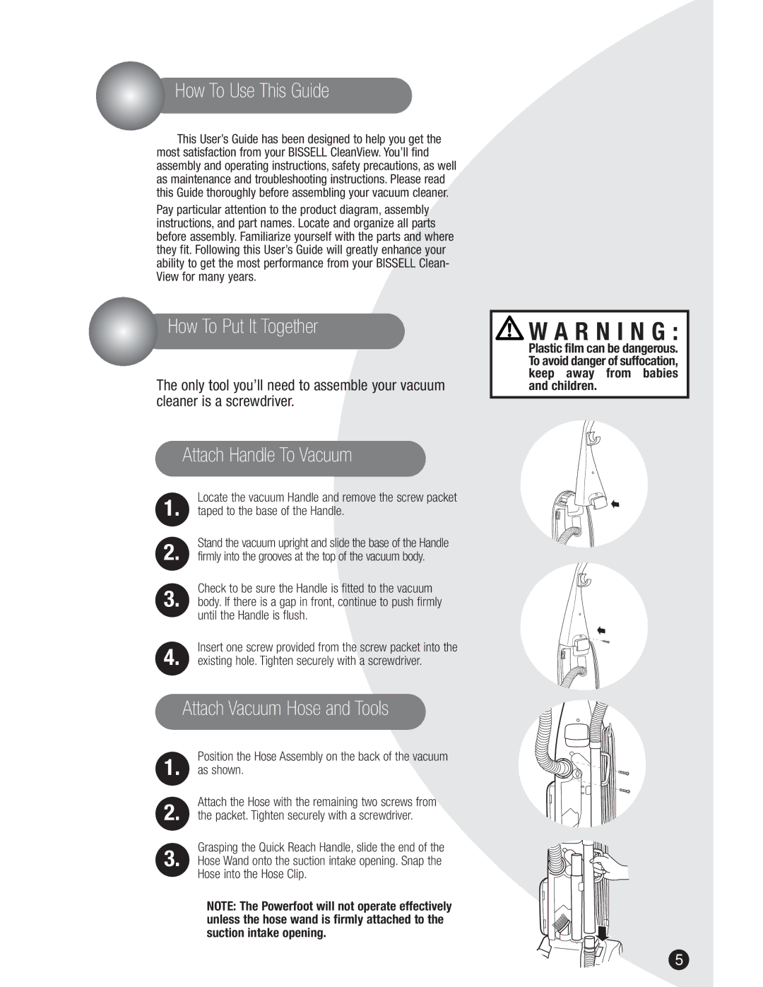 Bissell 3591, 8990 How To Use This Guide, How To Put It Together, Attach Handle To Vacuum, Attach Vacuum Hose and Tools 