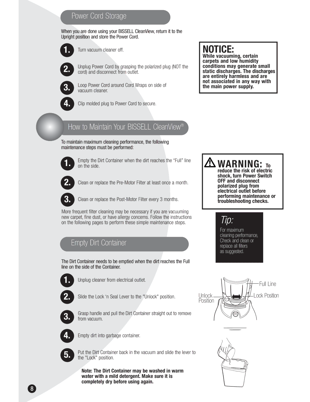 Bissell 8990, 3591 warranty Power Cord Storage, Empty Dirt Container, Full Line, Unlock, Position 