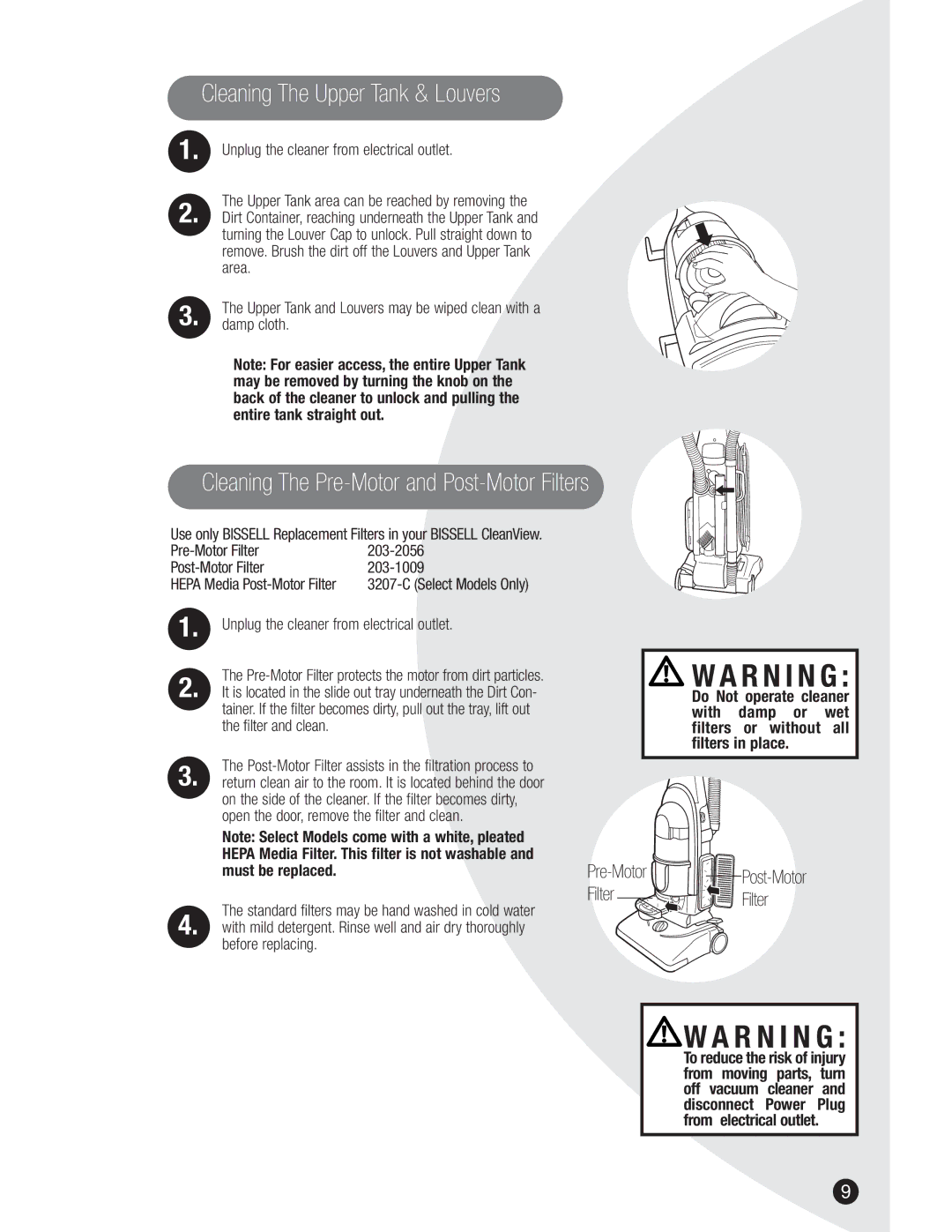 Bissell 3591, 8990 warranty Cleaning The Upper Tank & Louvers, Cleaning The Pre-Motor and Post-Motor Filters 