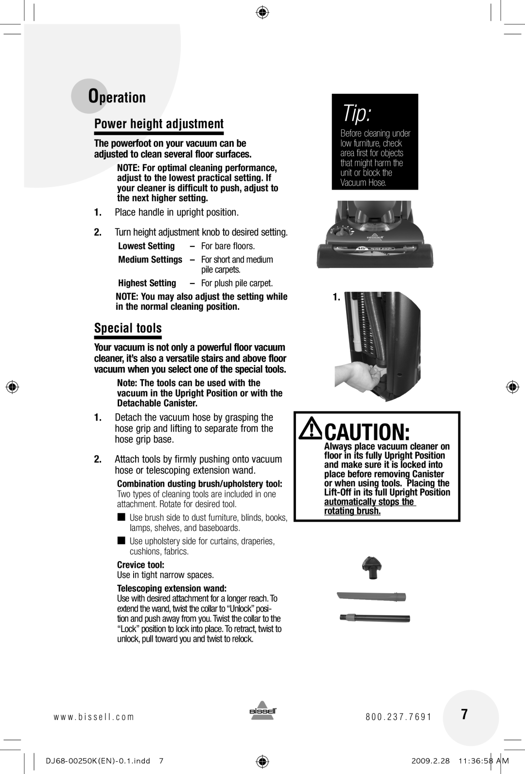 Bissell 18Z6, 89Q9 warranty Power height adjustment, Special tools, Place handle in upright position 