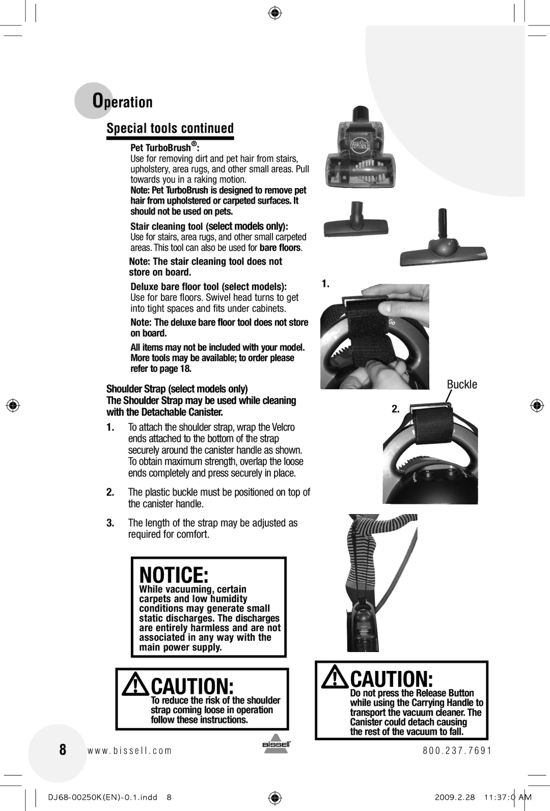 Bissell 89Q9, 18Z6 warranty Length of the strap may be adjusted as required for comfort, Pet TurboBrush 