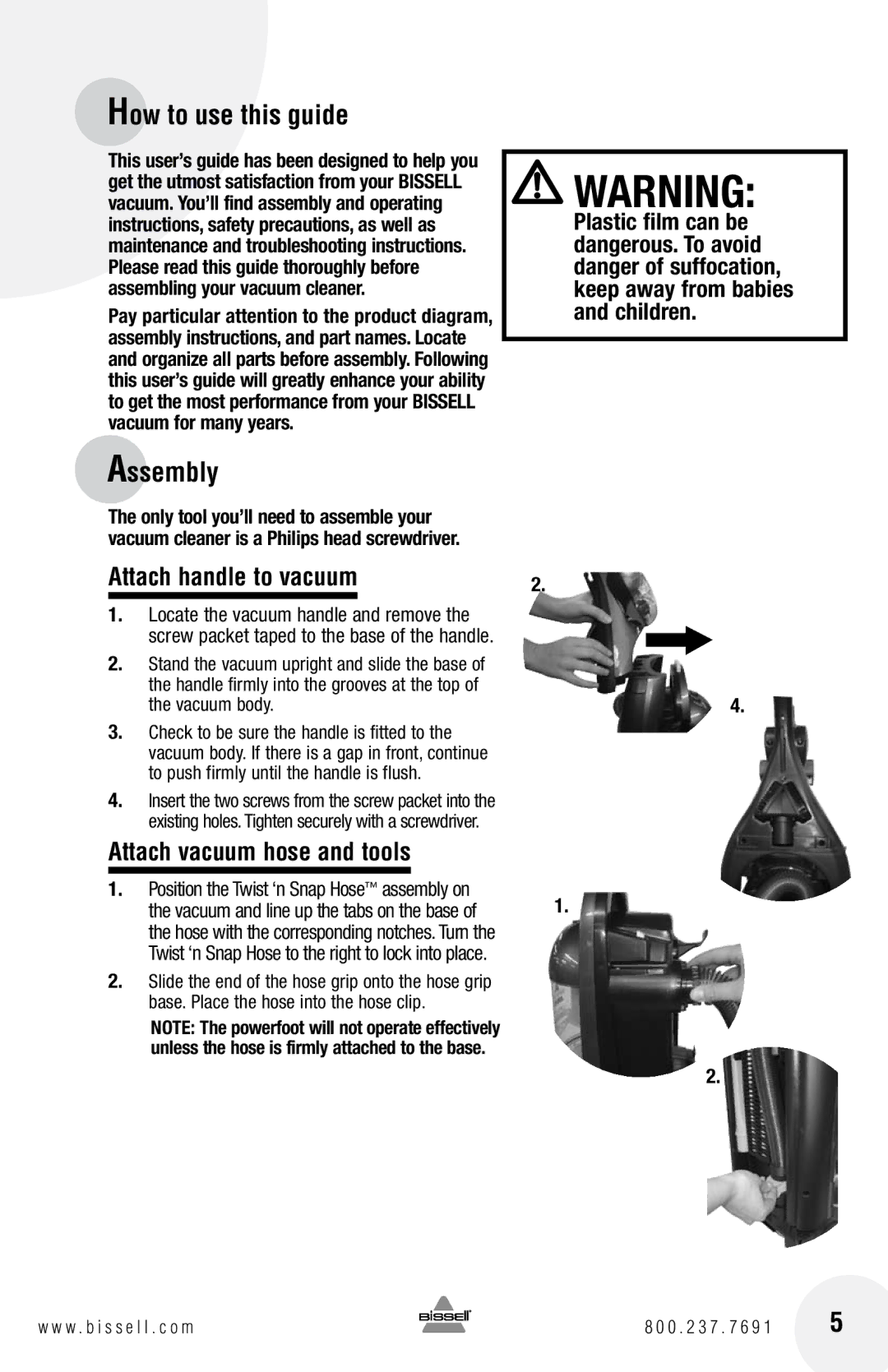 Bissell 89Q9, 18Z6 How to use this guide, Assembly, Attach handle to vacuum, Attach vacuum hose and tools, Vacuum body 