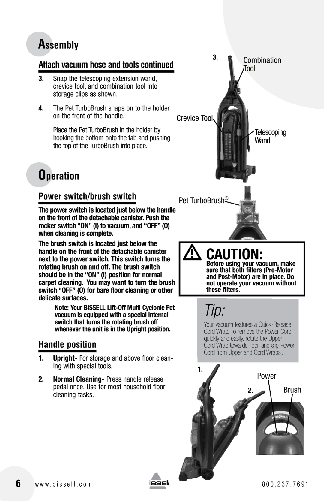 Bissell 89Q9, 18Z6 warranty Operation, Power switch/brush switch, Handle position, Storage clips as shown 