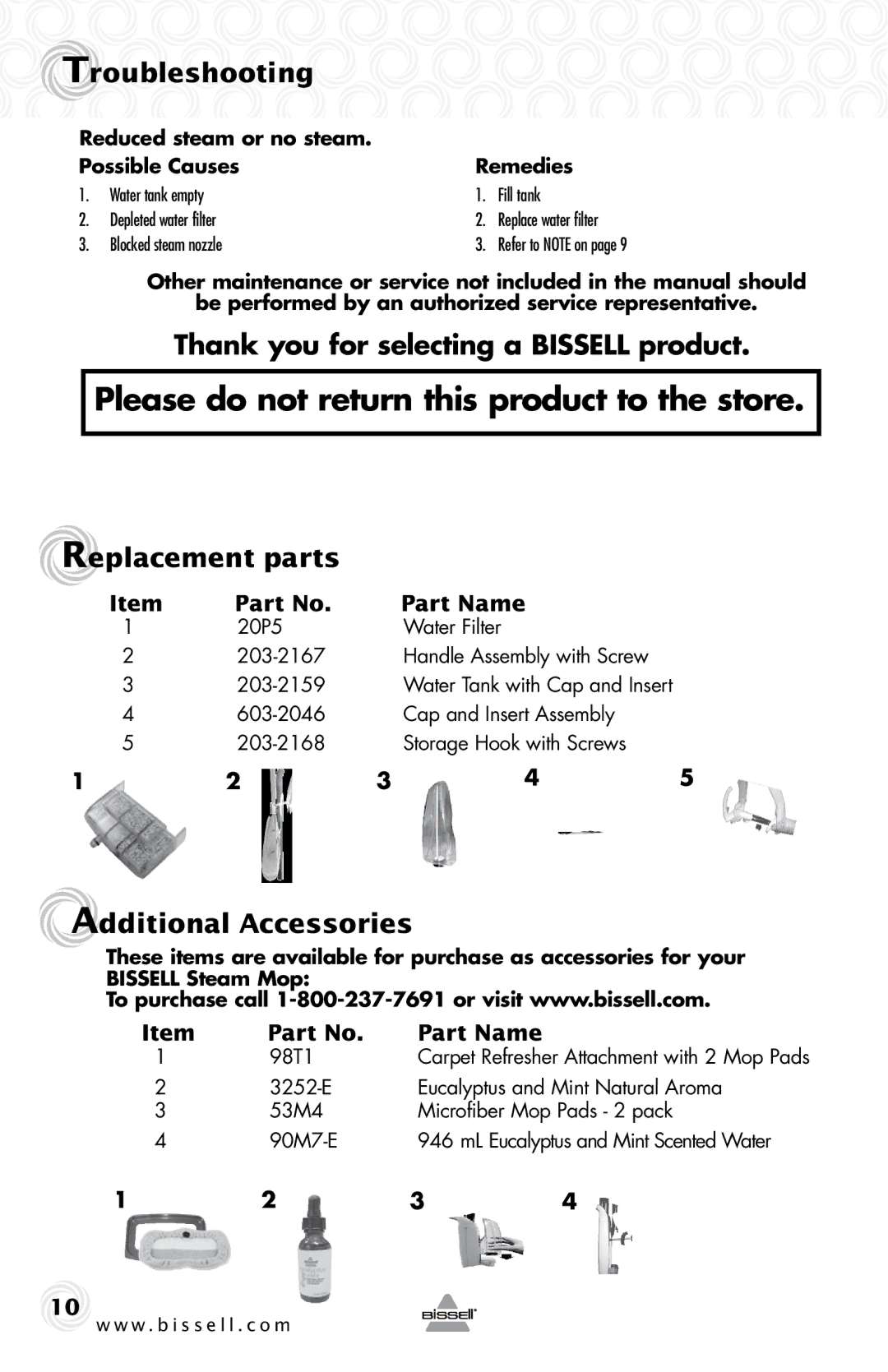 Bissell 90T1 warranty Troubleshooting, Thank you for selecting a Bissell product, Replacement parts, Additional Accessories 