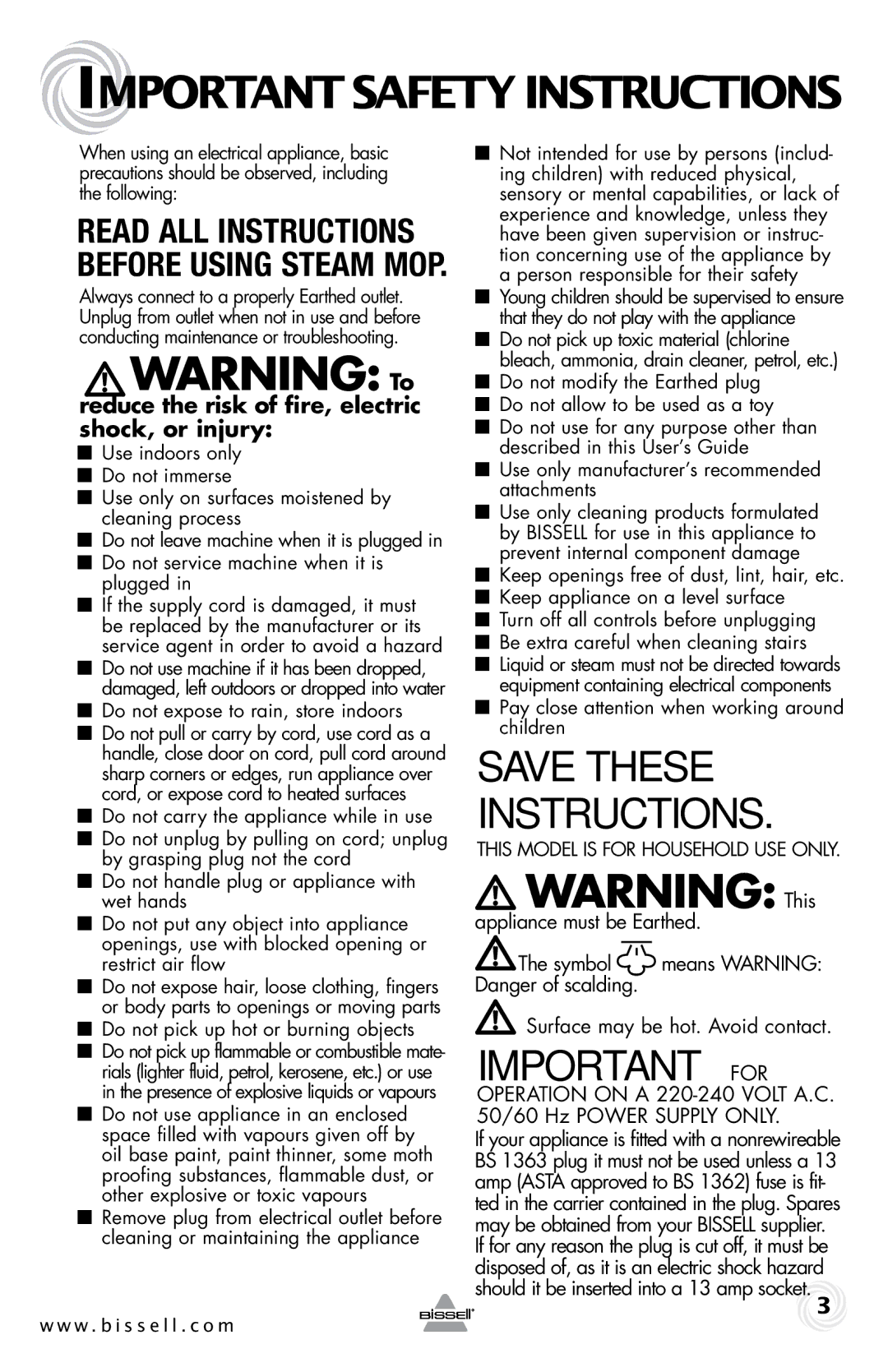 Bissell 90T1 warranty Important Safety Instructions, Reduce the risk of fire, electric shock, or injury 