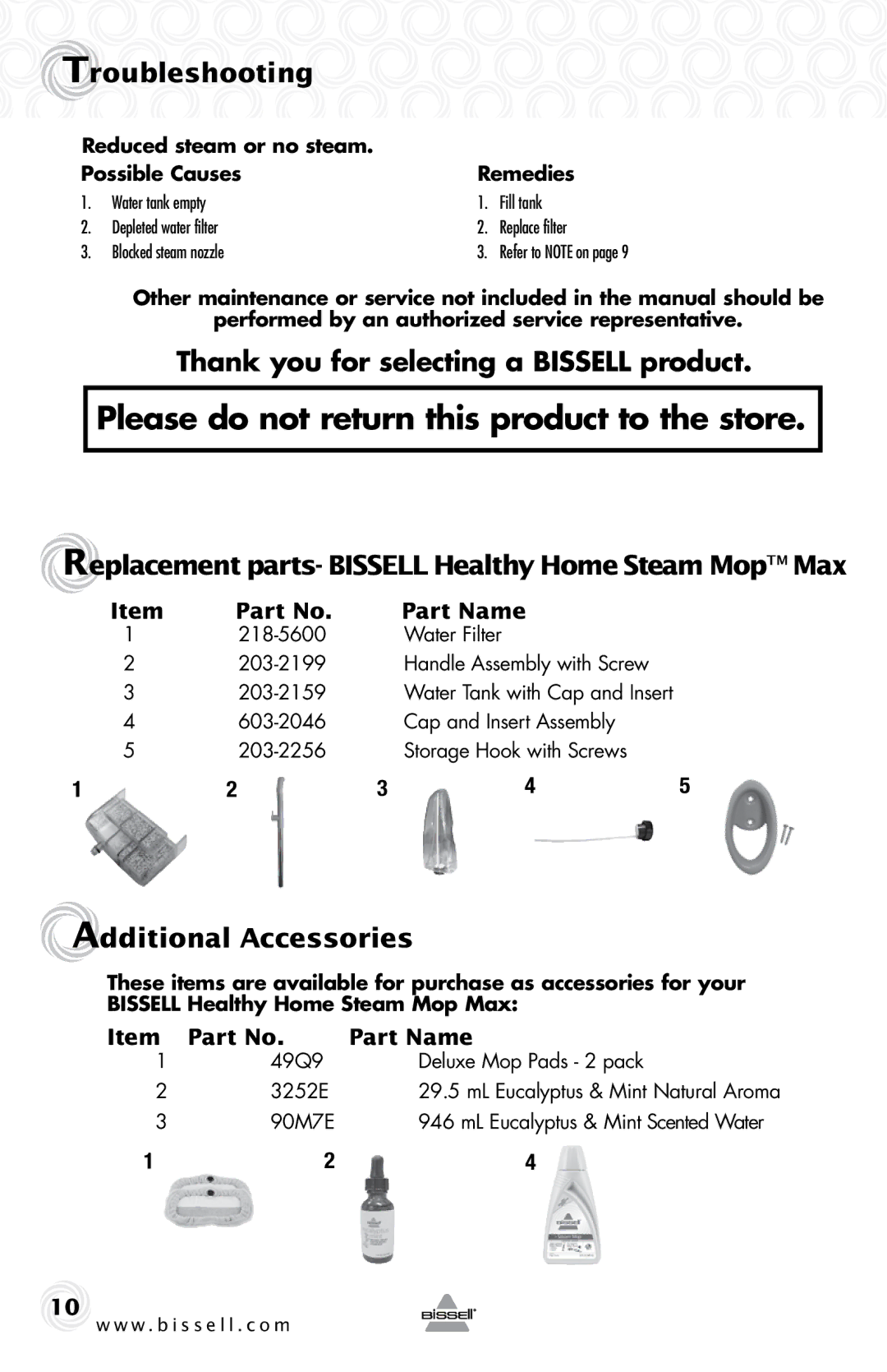 Bissell 90Y5 warranty Troubleshooting, Thank you for selecting a Bissell product, Additional Accessories 