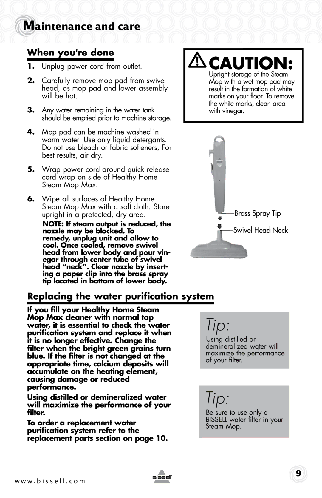 Bissell 90Y5 warranty Maintenance and care, When youre done, Replacing the water purification system 