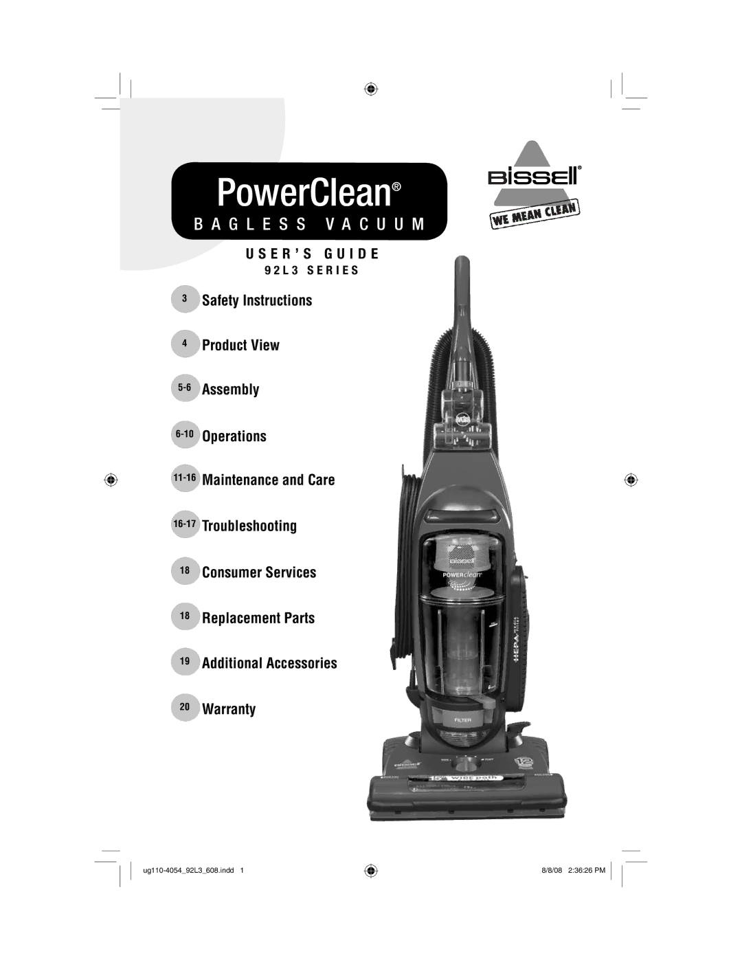 Bissell 92L3 warranty PowerClean, L 3 S E R I E S 