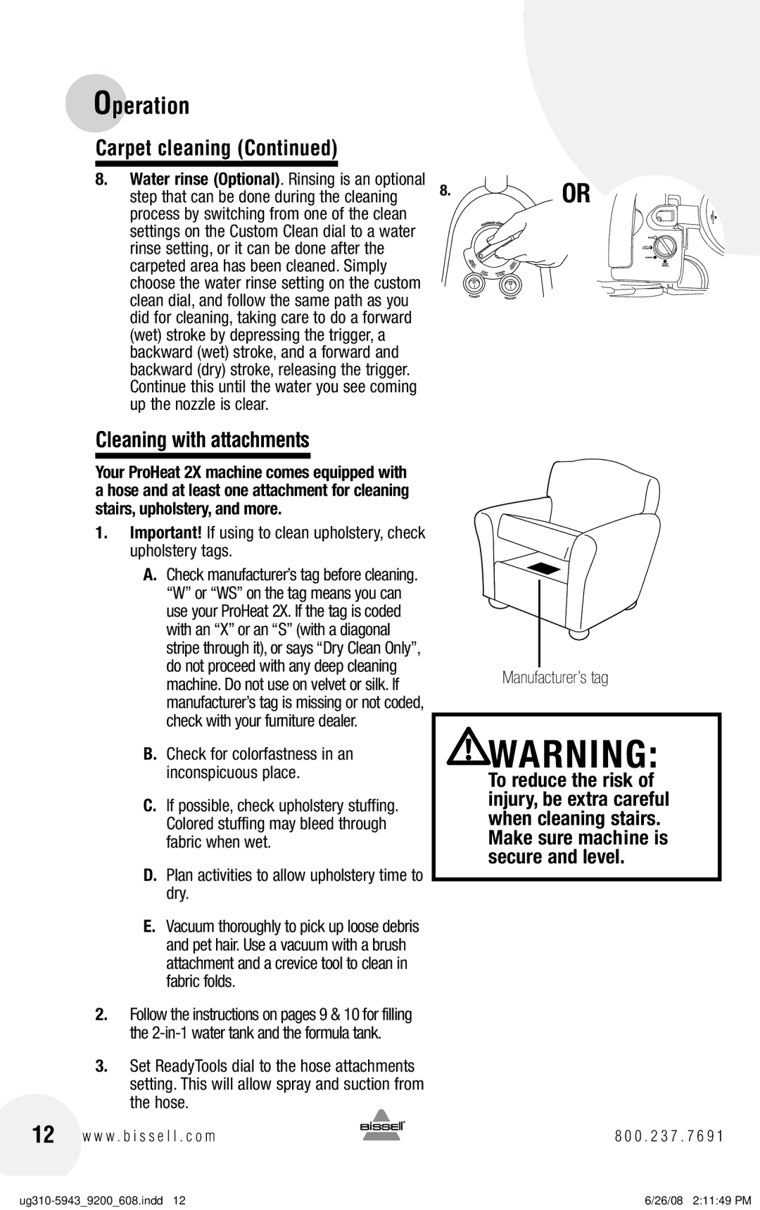 Bissell 9300, 8960, 8920 Cleaning with attachments, Plan activities to allow upholstery time to dry, Manufacturer’s tag 