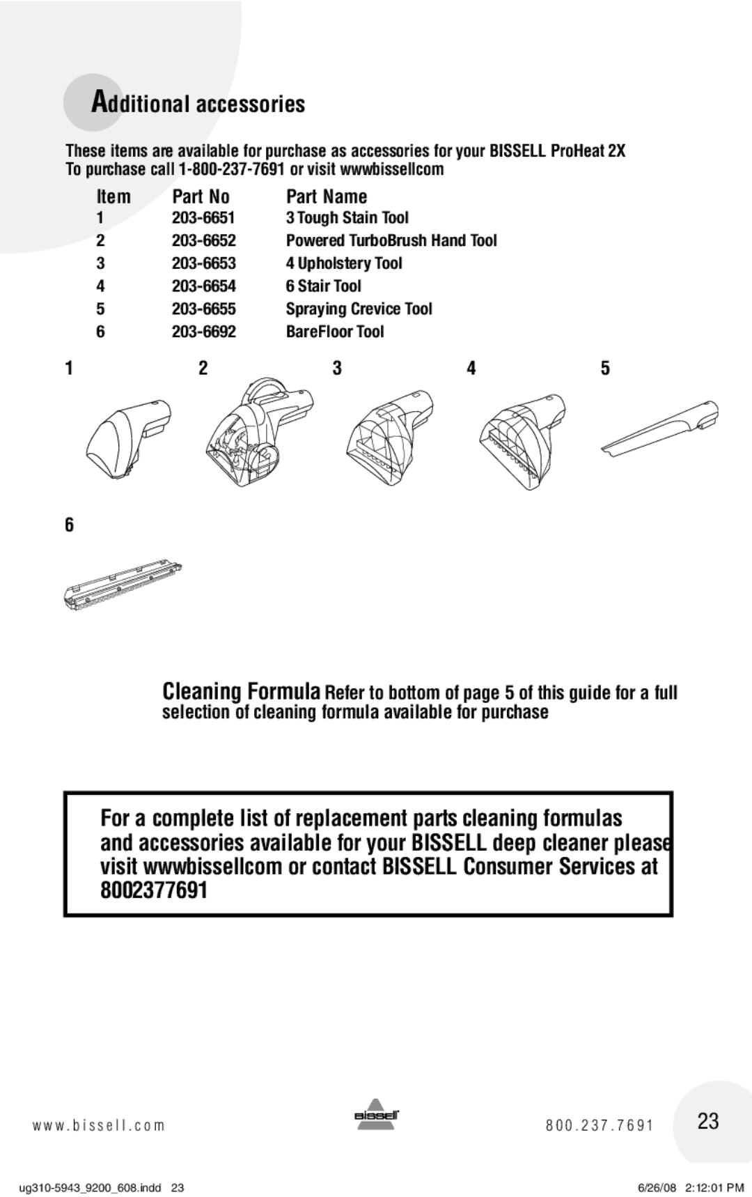 Bissell 8920, 9300, 8960 warranty Part Name, Bare Floor Tool, Spraying Crevice Tool 