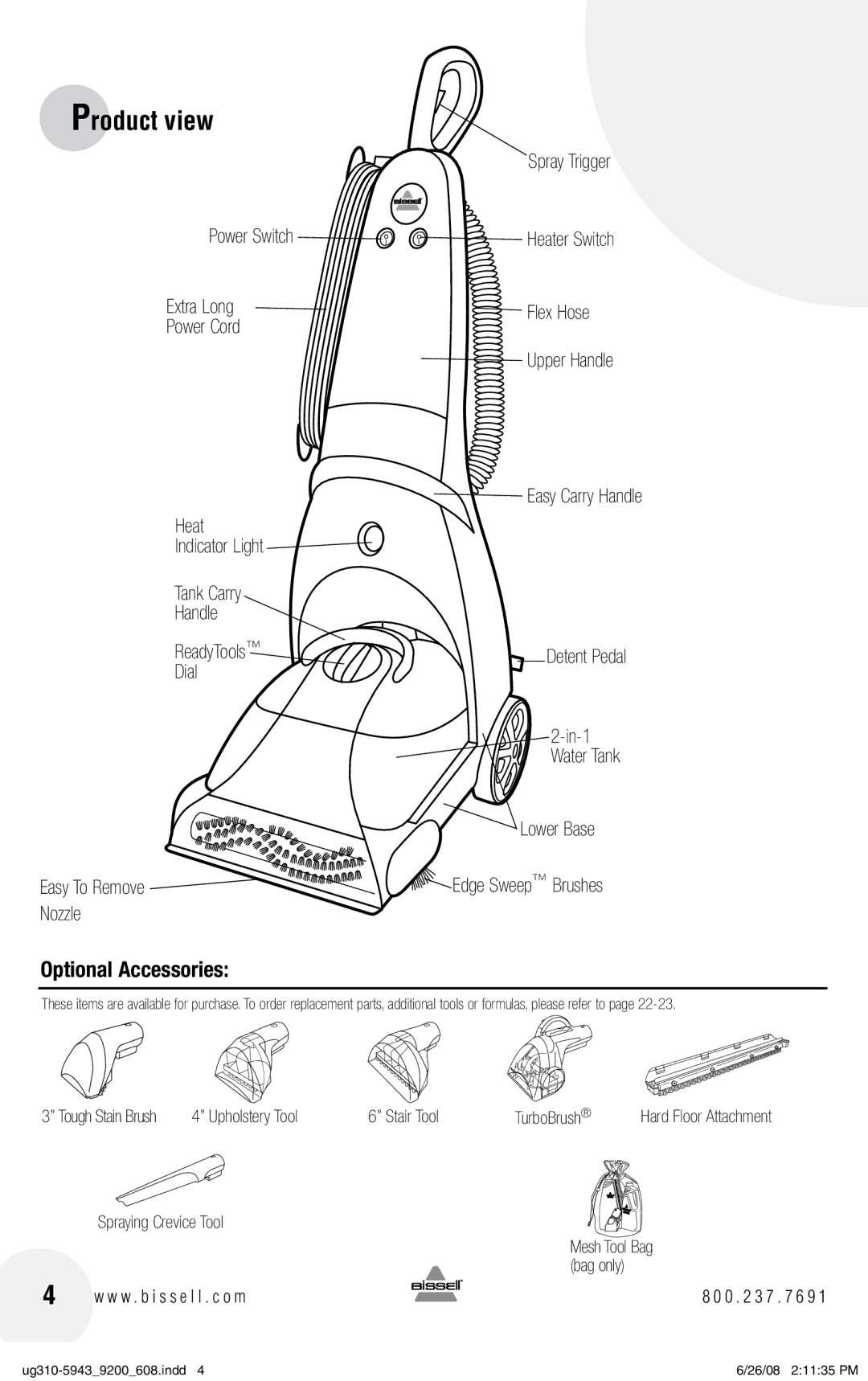 Bissell 8960, 9300, 8920 warranty Product view, Optional Accessories, Power Switch Extra Long Power Cord Heat, Detent Pedal 