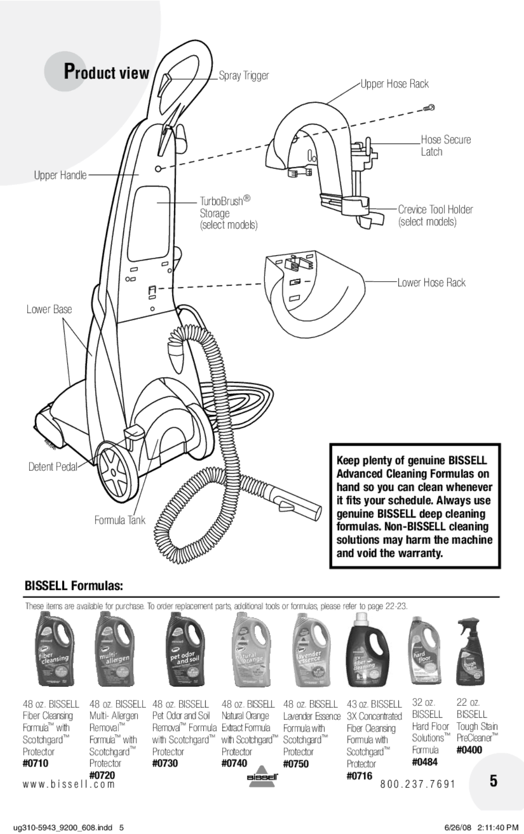 Bissell 8920, 9300, 8960 warranty Bissell Formulas, Lower Hose Rack 