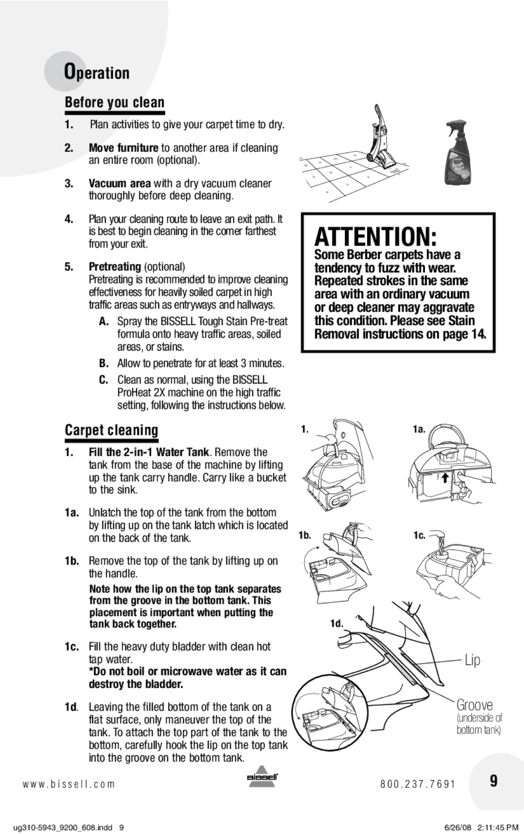 Bissell 9300, 8960, 8920 warranty Operation, Before you clean, Carpet cleaning, Pretreating optional 