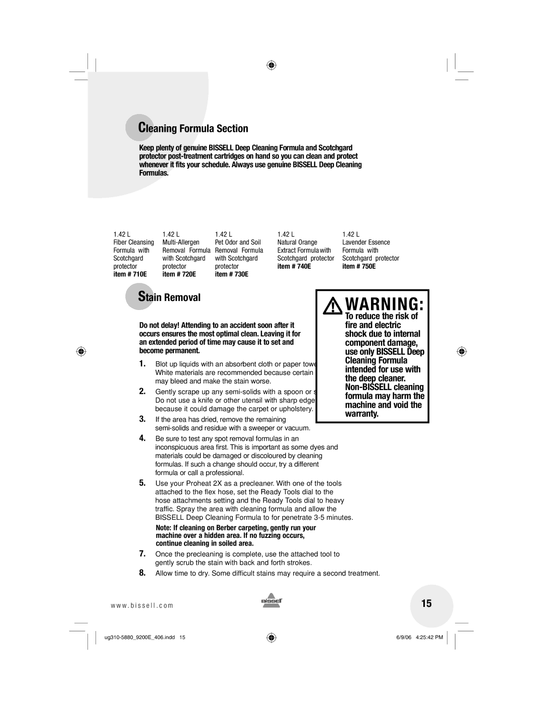 Bissell 9200, 9400 warranty Cleaning Formula Section, Stain Removal 