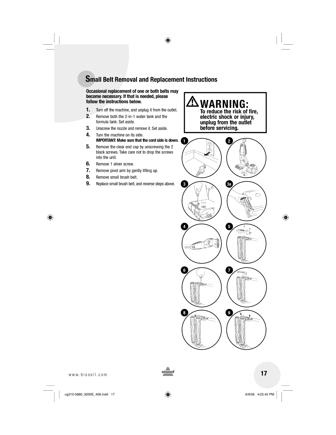 Bissell 9200, 9400 Small Belt Removal and Replacement Instructions, To reduce the risk of fire, Electric shock or injury 