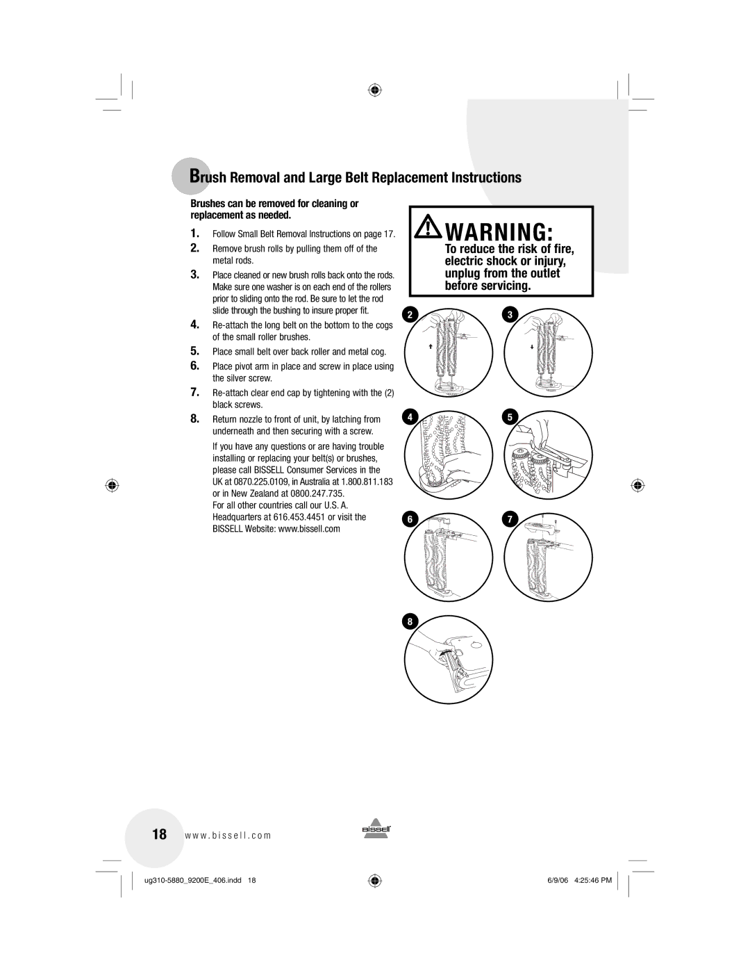 Bissell 9400, 9200 warranty Brush Removal and Large Belt Replacement Instructions 