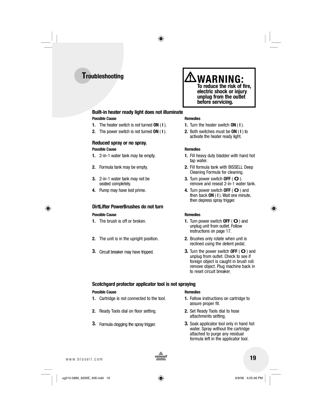 Bissell 9200, 9400 warranty Troubleshooting, Built-in heater ready light does not illuminate, Reduced spray or no spray 