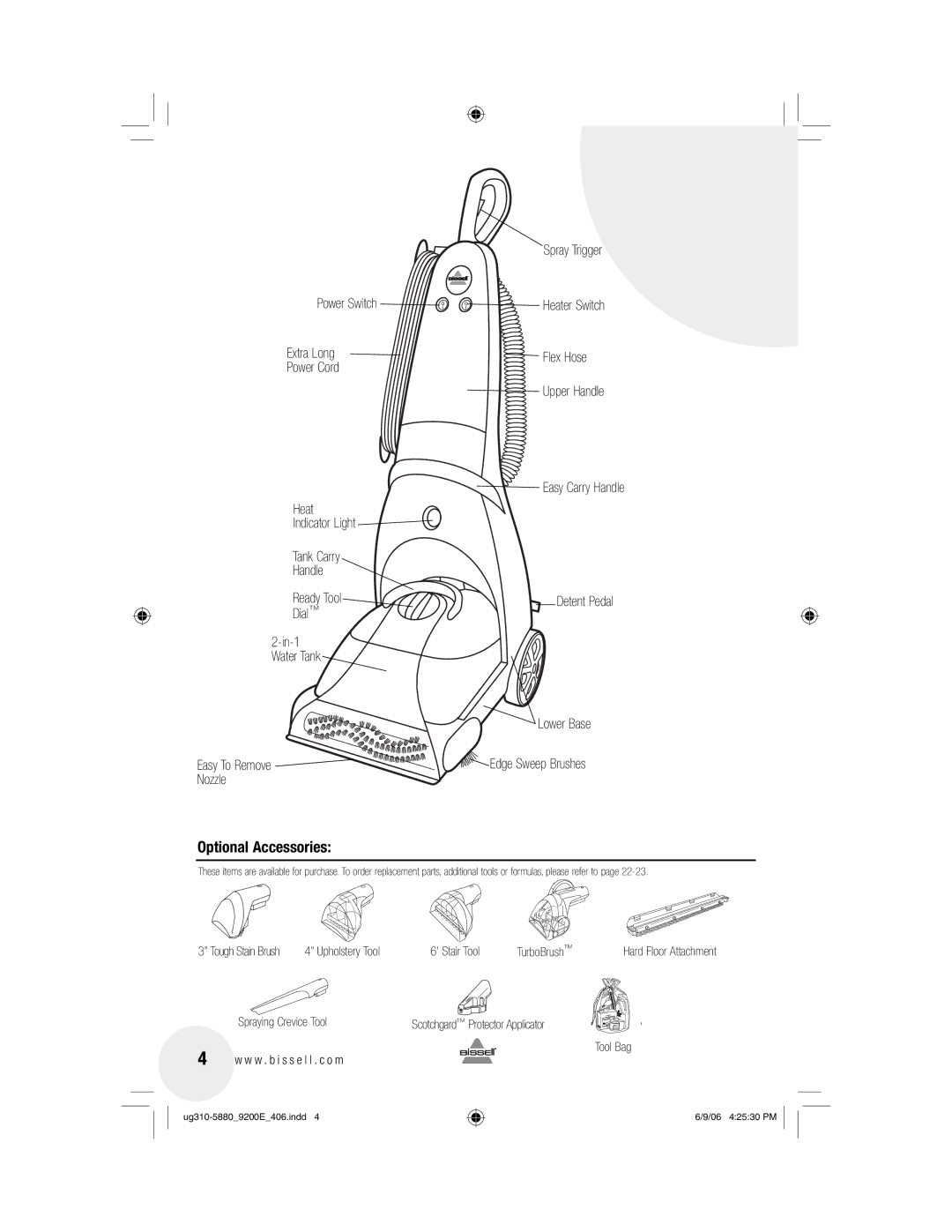 Bissell 9400, 9200 Optional Accessories, Indicator Light, Upholstery Tool Stair Tool TurboBrush, Spraying Crevice Tool 