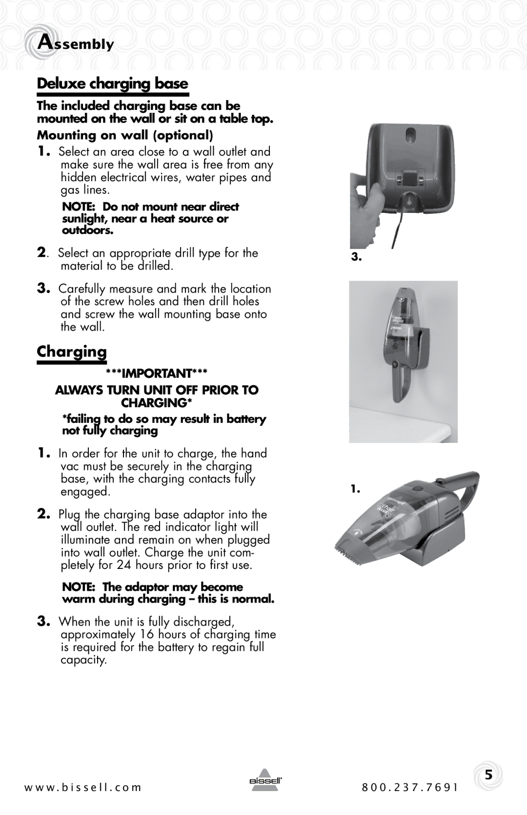 Bissell 94V5 warranty Deluxe charging base, Charging, Assembly 