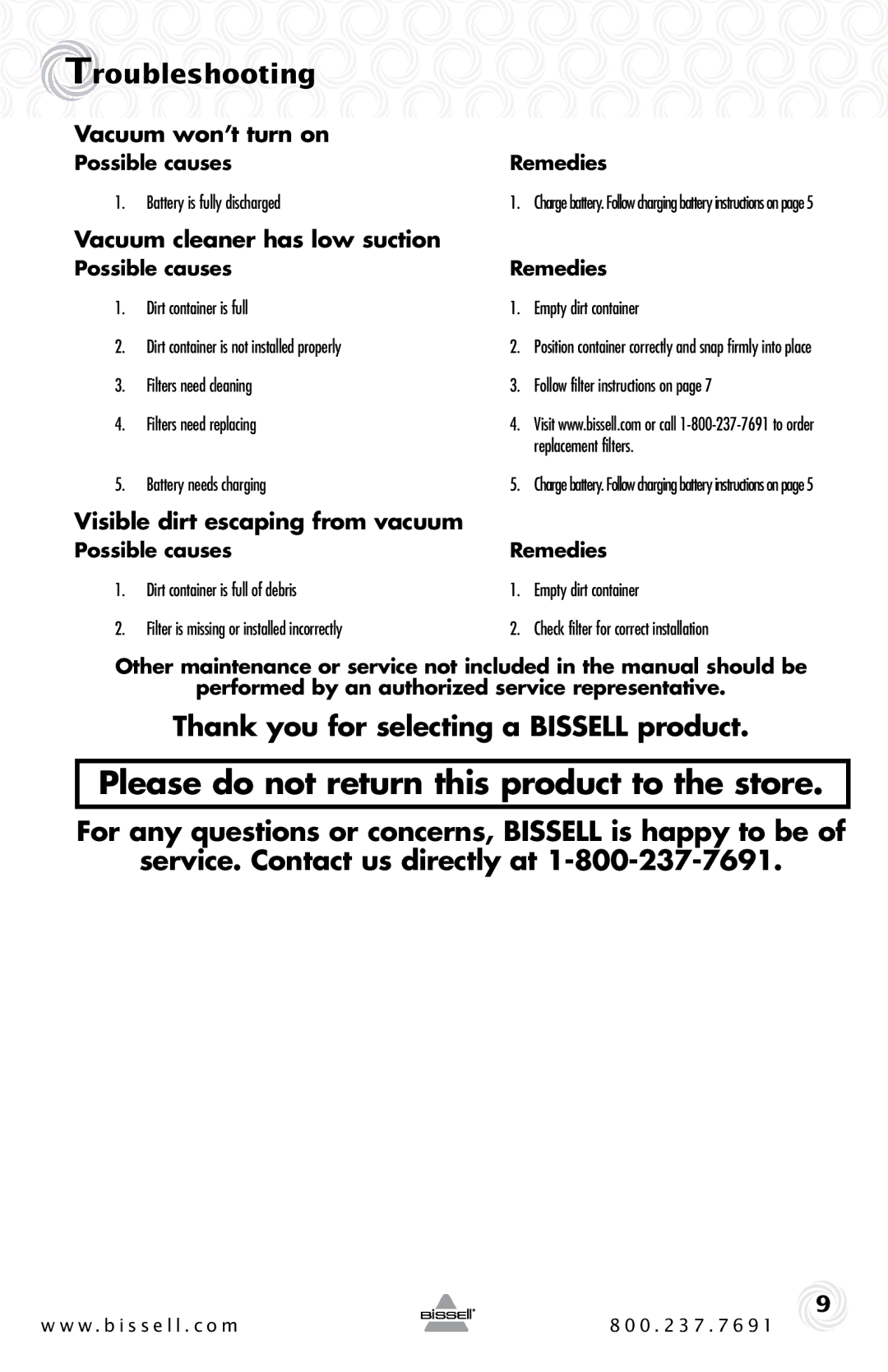 Bissell 94V5 warranty Troubleshooting, Thank you for selecting a Bissell product, Vacuum won’t turn on 