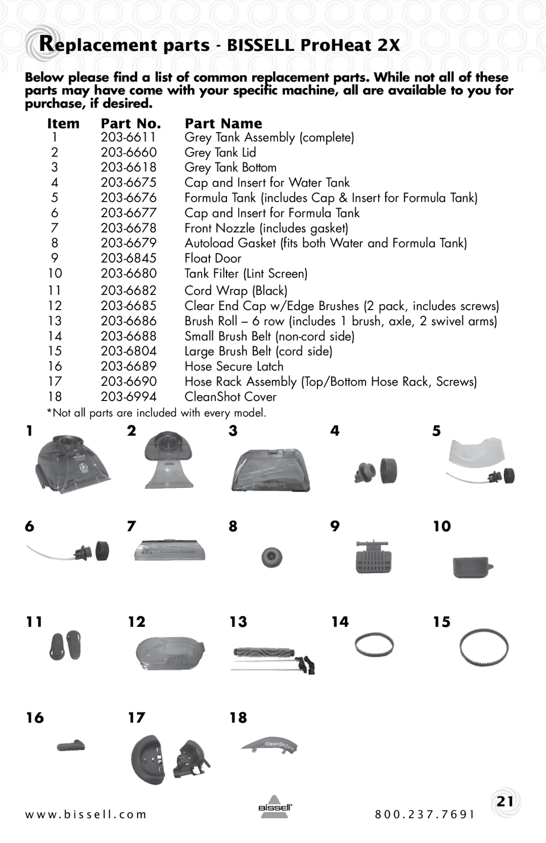 Bissell 9500-p warranty Replacement parts Bissell ProHeat, Part Name, 16 17, 203-6611 