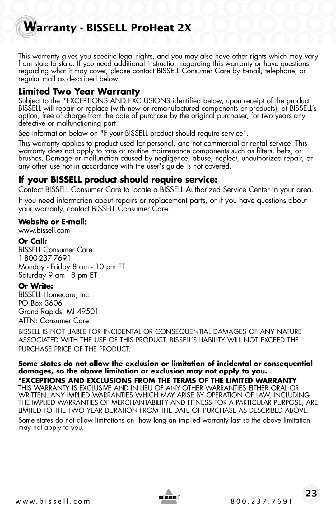 Bissell 9500-p warranty Warranty Bissell ProHeat, Limited Two Year Warranty, If your Bissell product should require service 