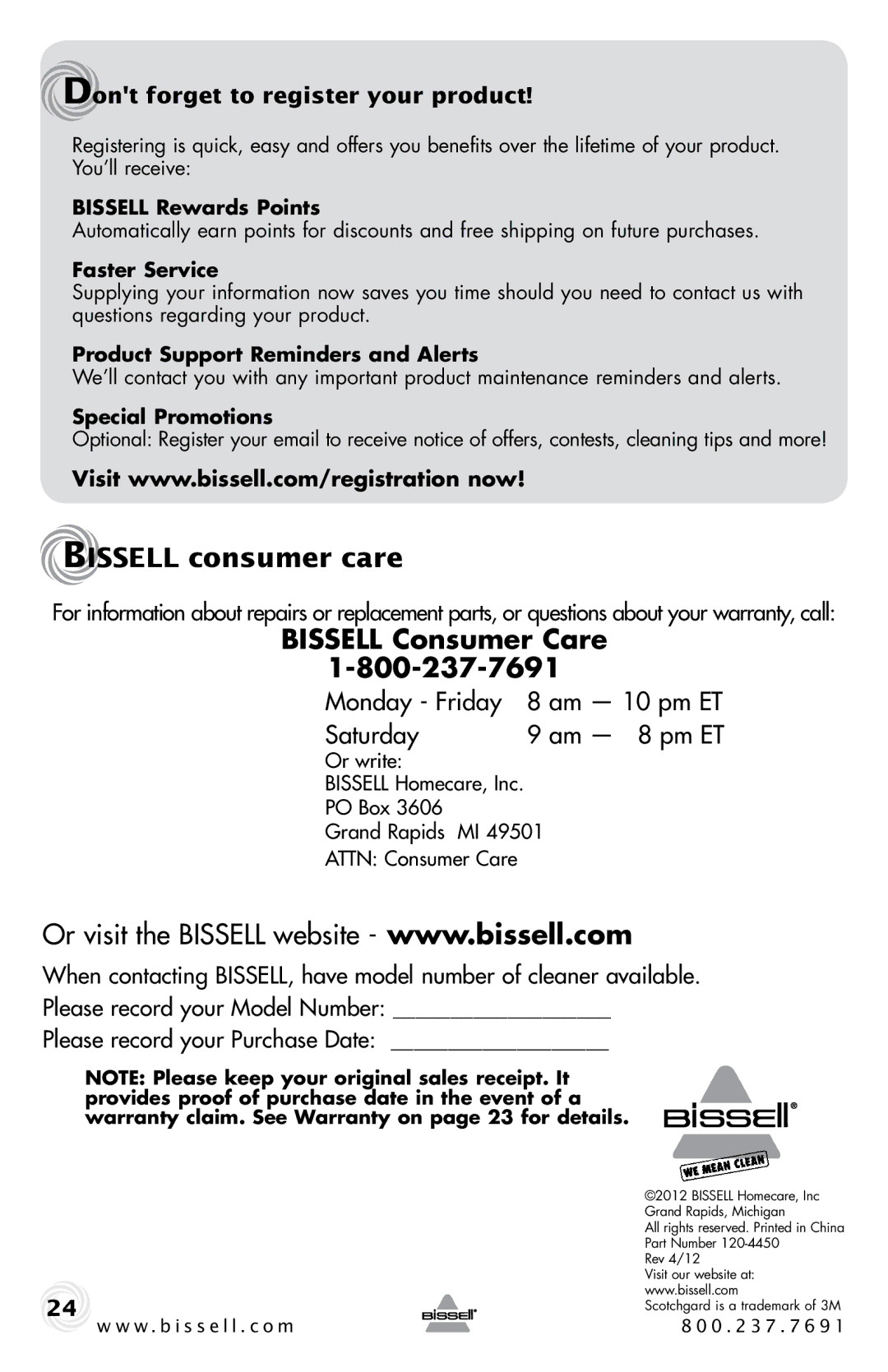 Bissell 9500-p warranty Bissell consumer care, Dont forget to register your product 