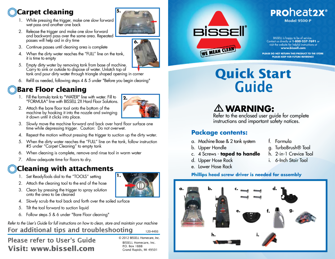 Bissell 9500-p quick start Guide, Carpet cleaning, Bare Floor cleaning, Cleaning with attachments, Package contents 