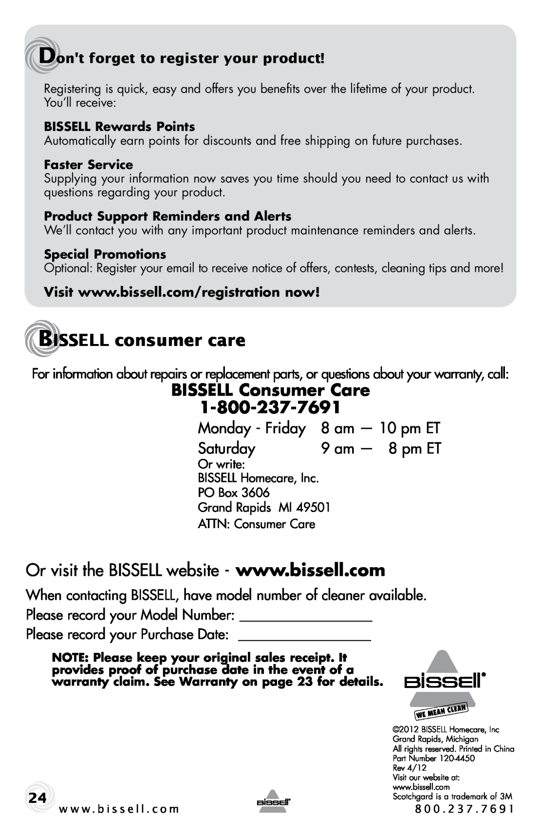 Bissell 9500-p warranty BISSELL consumer care, BISSELL Consumer Care, Dont forget to register your product, Monday - Friday 