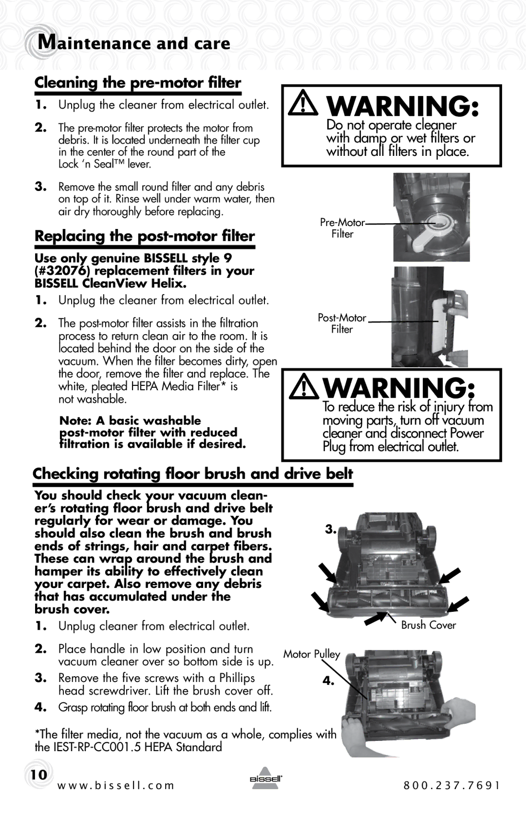 Bissell 95P1 Cleaning the pre-motor filter, Replacing the post-motor filter, Checking rotating floor brush and drive belt 