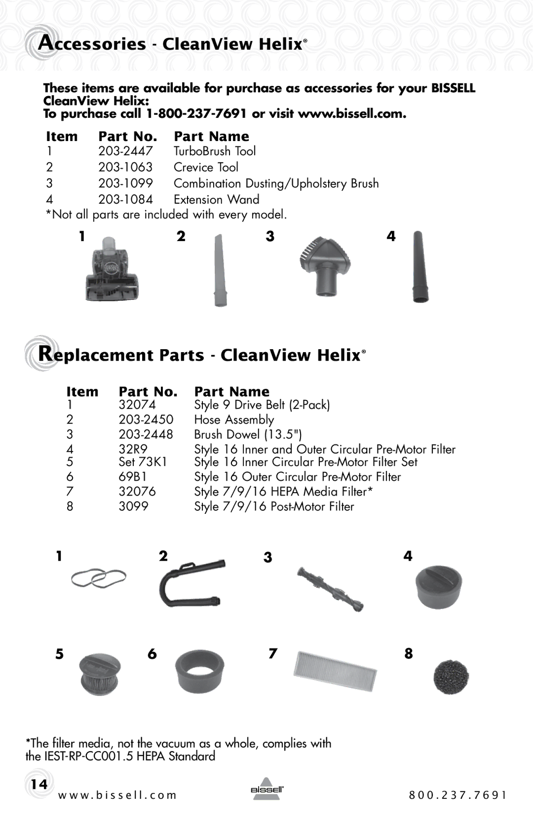 Bissell 95P1 warranty Accessories CleanView Helix, Replacement Parts CleanView Helix, Item Part No. Part Name 