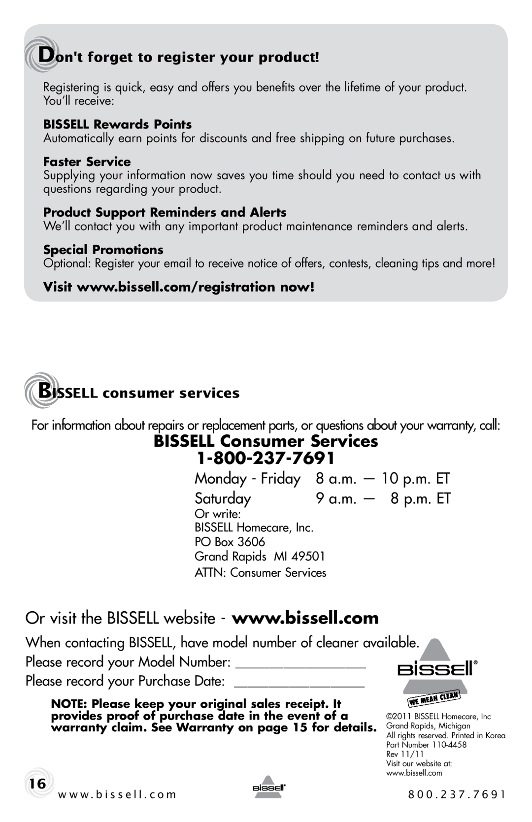 Bissell 95P1 warranty Bissell Consumer Services, Dont forget to register your product, Bissell consumer services 