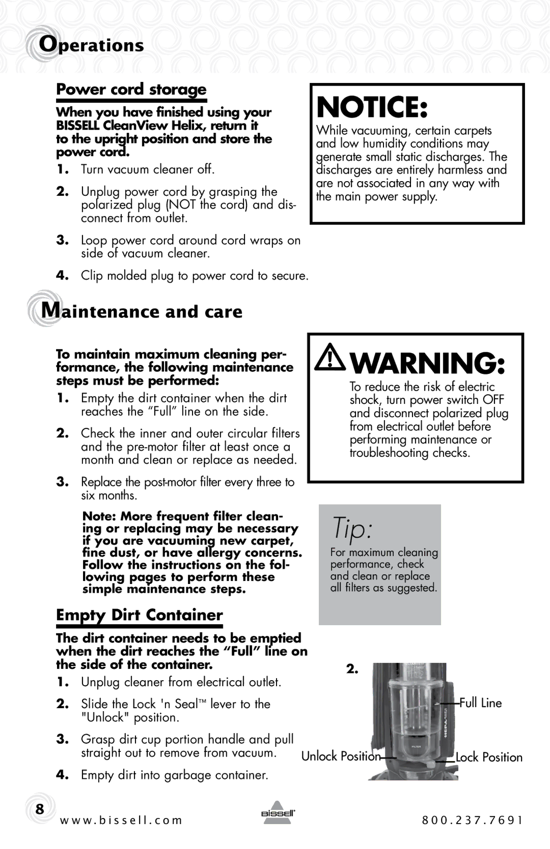 Bissell 95P1 warranty Maintenance and care, Power cord storage, Empty Dirt Container 