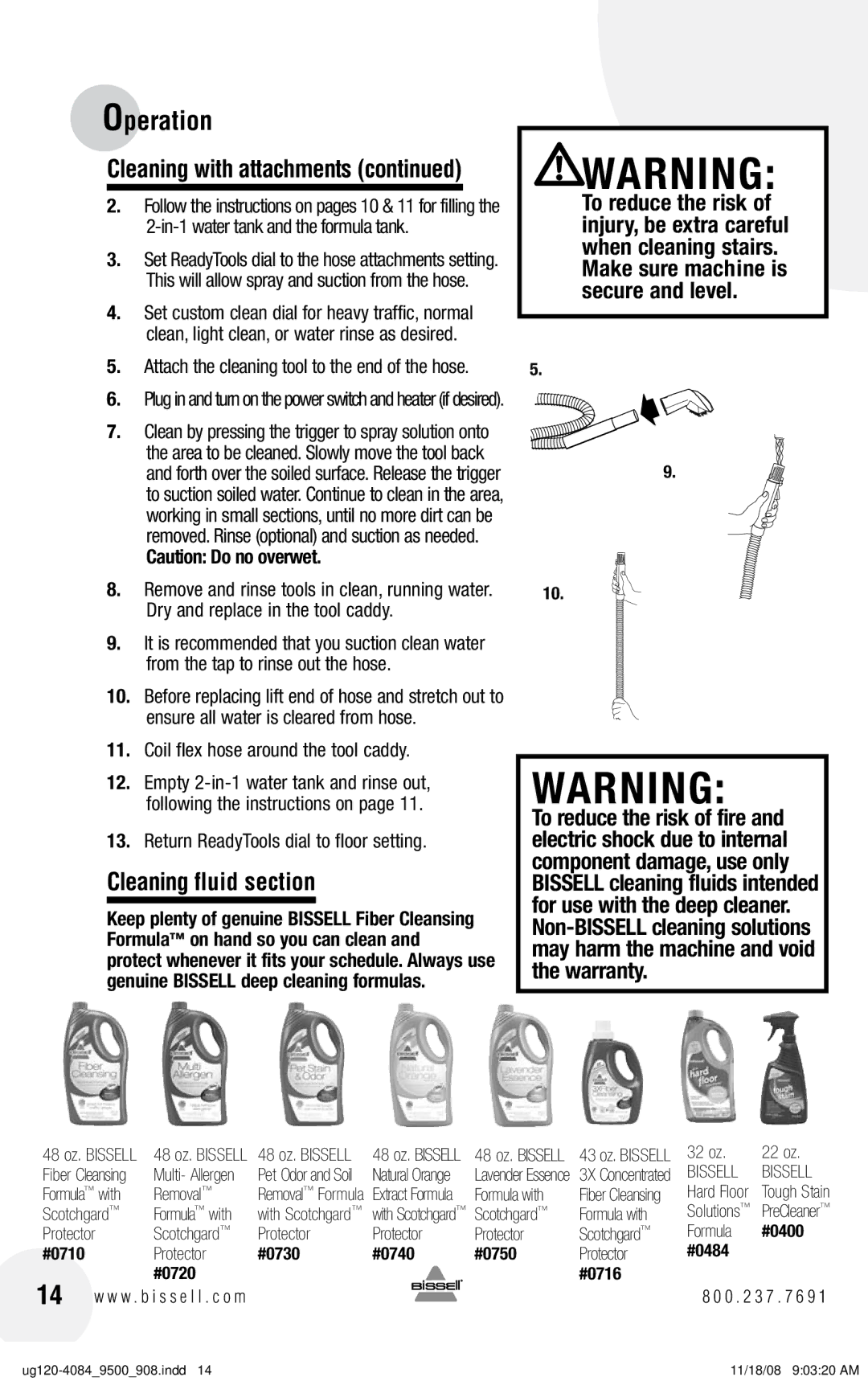 Bissell 9600 warranty Cleaning fluid section, Coil flex hose around the tool caddy, Return ReadyTools dial to floor setting 