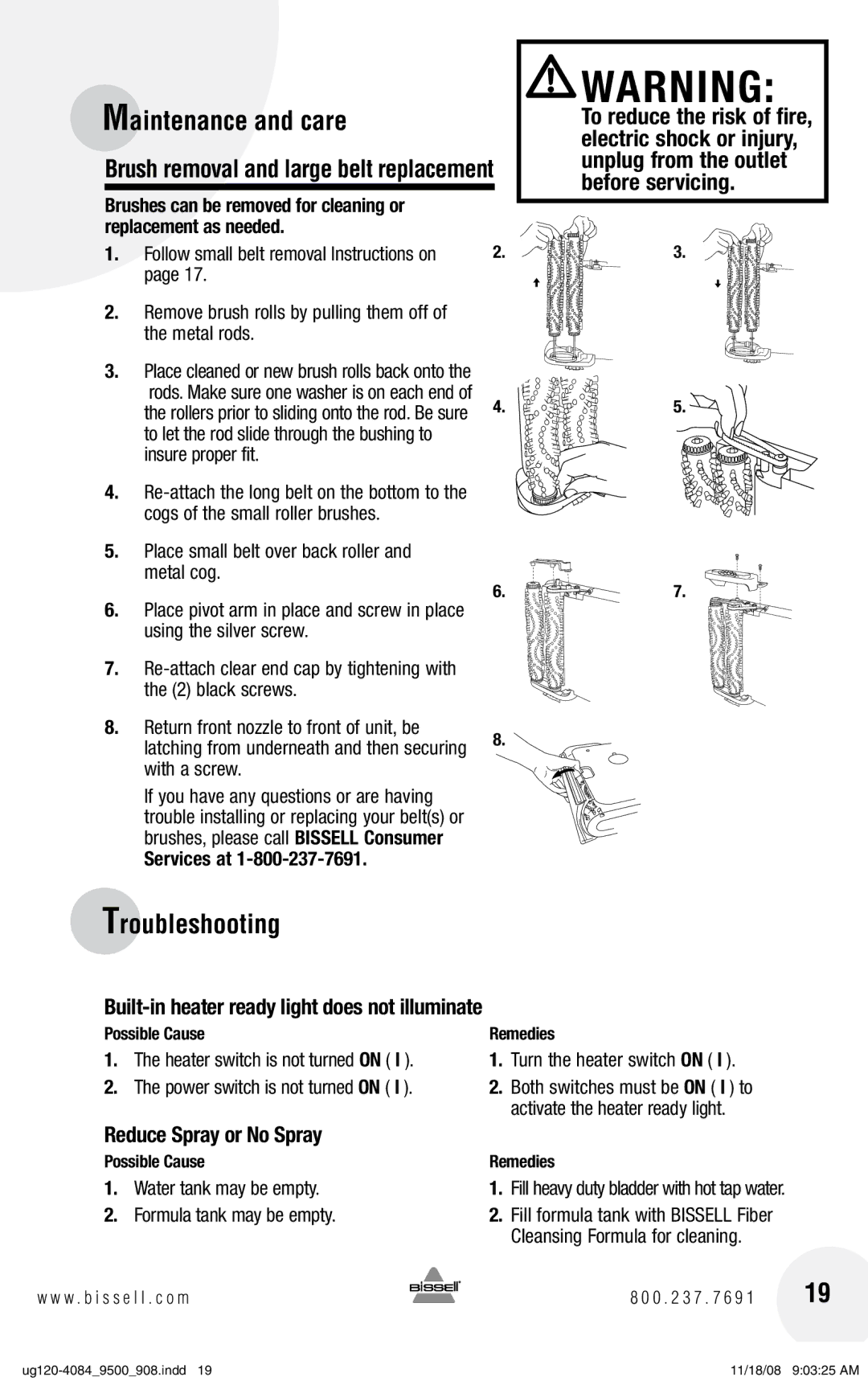 Bissell 9600 warranty Troubleshooting, Built-in heater ready light does not illuminate, Reduce Spray or No Spray 