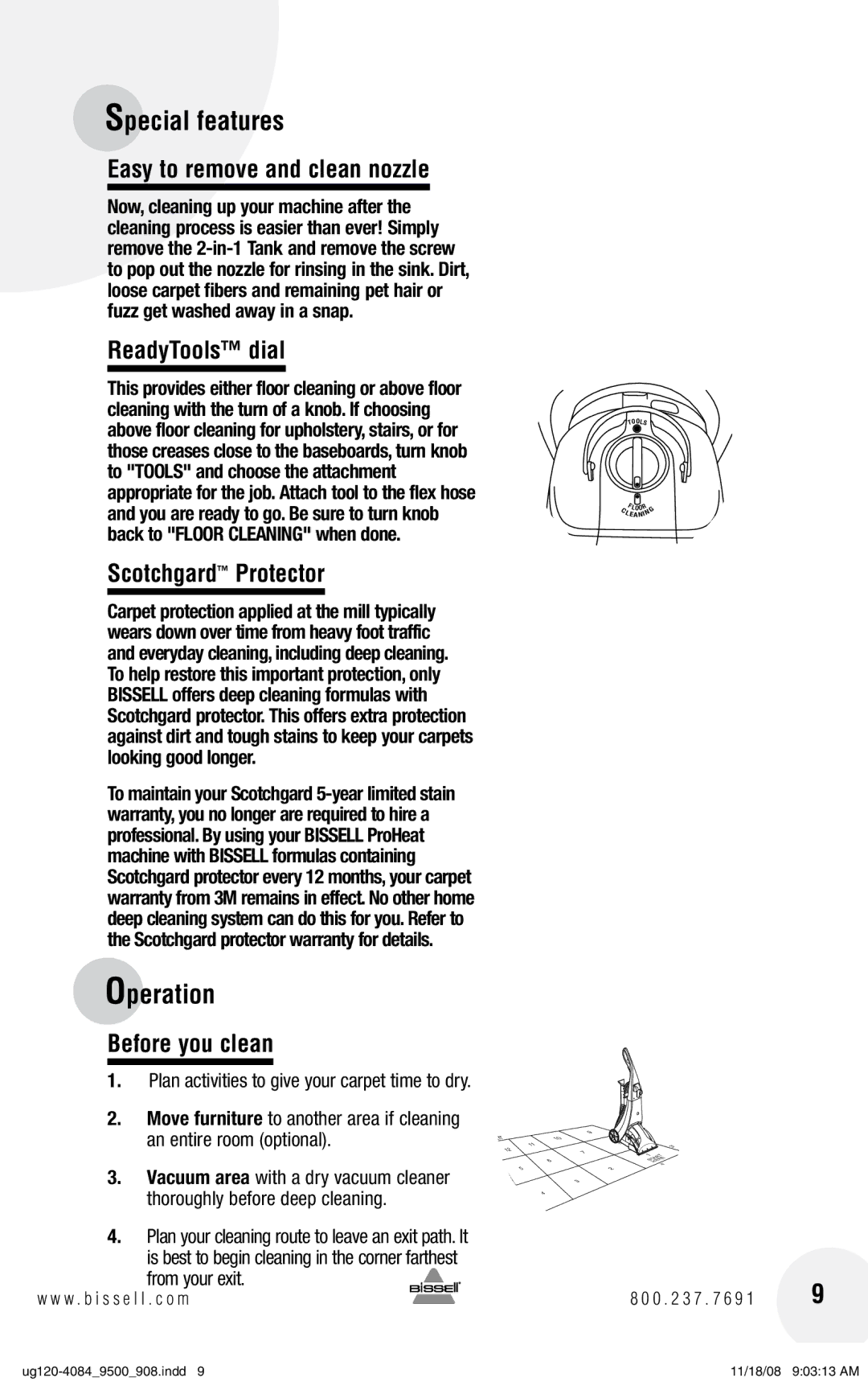 Bissell 9600 warranty Operation, Easy to remove and clean nozzle, ReadyTools dial, Scotchgard Protector, Before you clean 