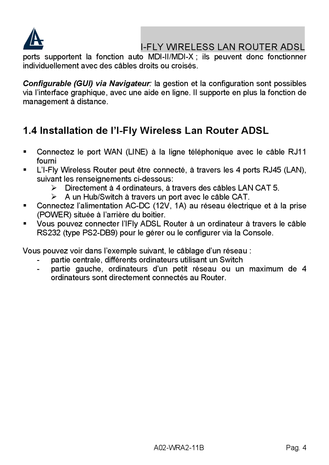 Bissell A02-WRA2-11B manual Installation de l’I-Fly Wireless Lan Router Adsl 