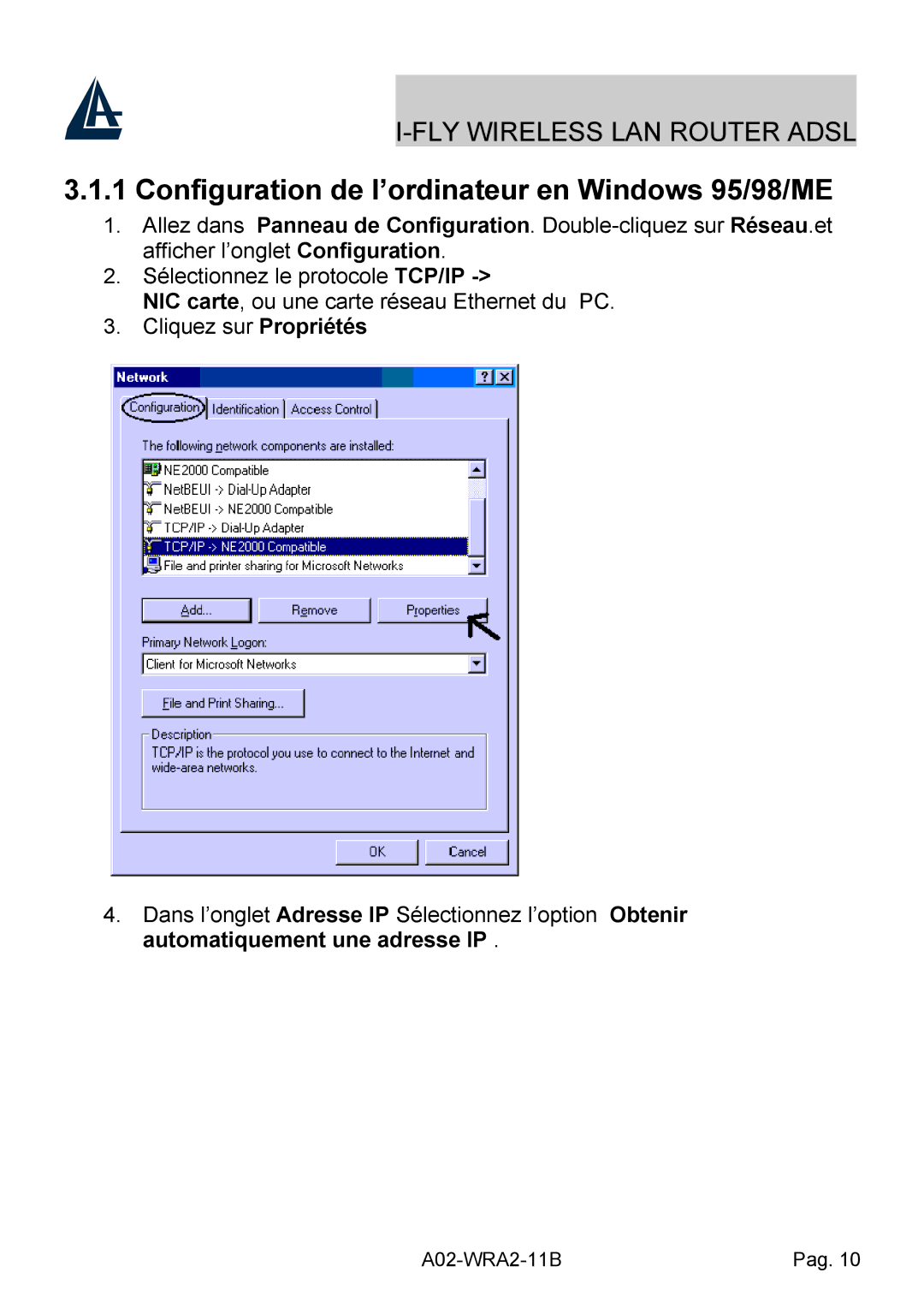 Bissell A02-WRA2-11B manual Configuration de l’ordinateur en Windows 95/98/ME 