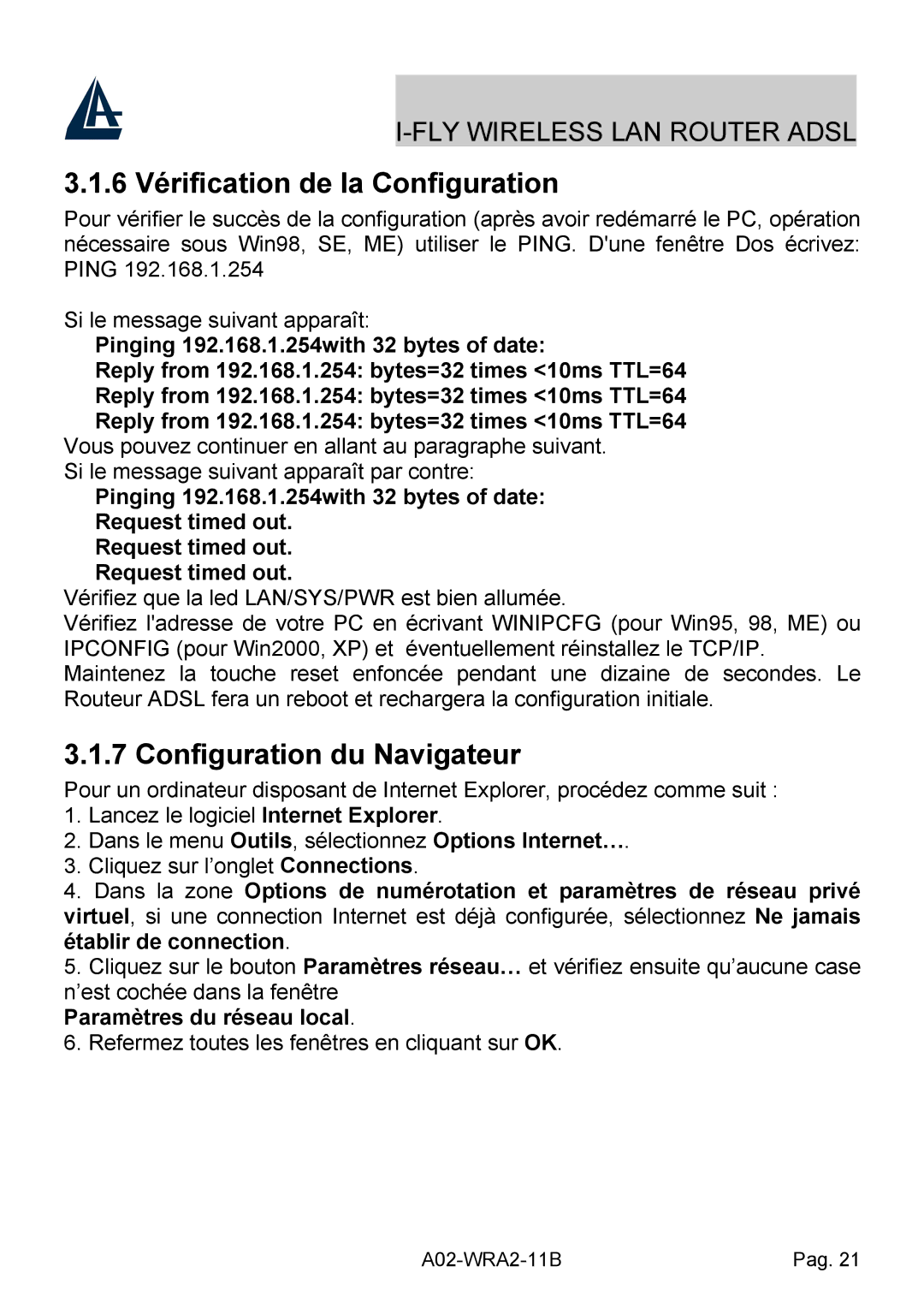 Bissell A02-WRA2-11B manual 6 Vérification de la Configuration, Configuration du Navigateur, Paramètres du réseau local 