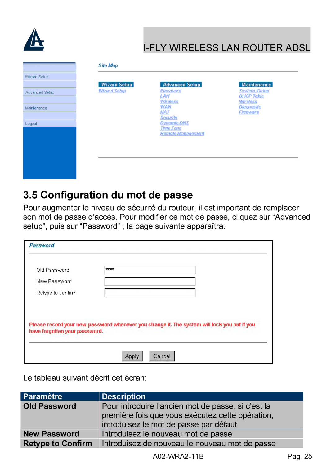 Bissell A02-WRA2-11B Configuration du mot de passe, Paramètre Description, Old Password, New Password, Retype to Confirm 